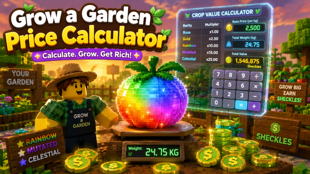 Grow a Garden Price Calculator showing a Roblox-style garden with a glowing rainbow mutated fruit on a weighing scale, Sheckle coins, and a holographic calculator displaying crop value and weight.