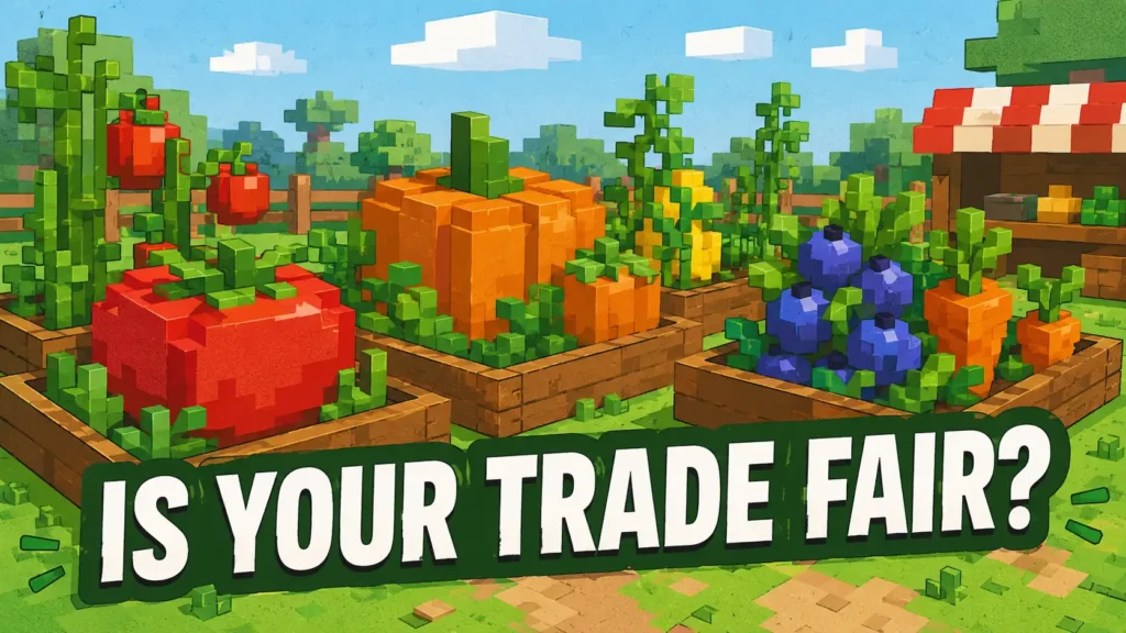 Flat-style vector illustration of a colorful voxel garden with raised planter boxes, oversized tomatoes, pumpkins, blueberries, and the text "IS YOUR TRADE FAIR?" in a game-inspired banner design.